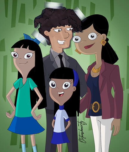 Fan art of Dr. Hirano / Stacy's mom, Stacy Hirano, Ginger, Hirano, and Mr. Hirano from "Phineas and Ferb"