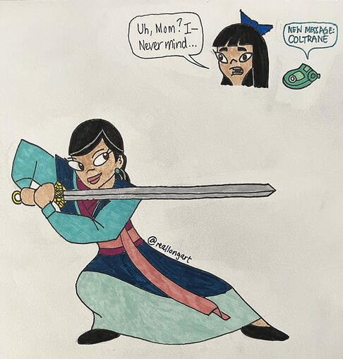 Fan art of Dr. Hirano / Stacy's mom as Mulan from "Phineas and Ferb"